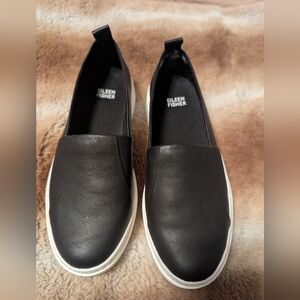 Eileen Fisher Black Leather Slip On Tennis Shoes